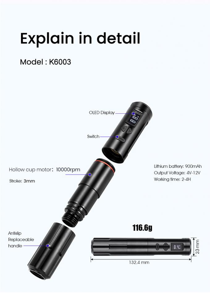 Máy trang điểm vĩnh cửu không dây RCA mạnh mẽ Máy xăm nhịp tim 2.7mm 0