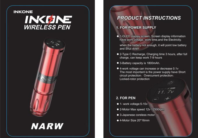 INKONE NARW Thương Hiệu Kỹ Thuật Số M&agrave;n H&igrave;nh Cảm Ứng LCD Hiển Thị Pin 1800MAh B&uacute;t Xăm Vi Sắc Tố M&aacute;y Kh&ocirc;ng D&acirc;y M&aacute;y Xăm 0